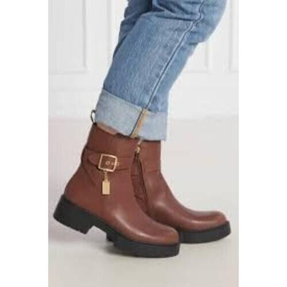 Coach NY Boots Women's 9 B Brown Leather Lacey Ankle Strap Buckle Bootie S22 - Picture 1 of 8